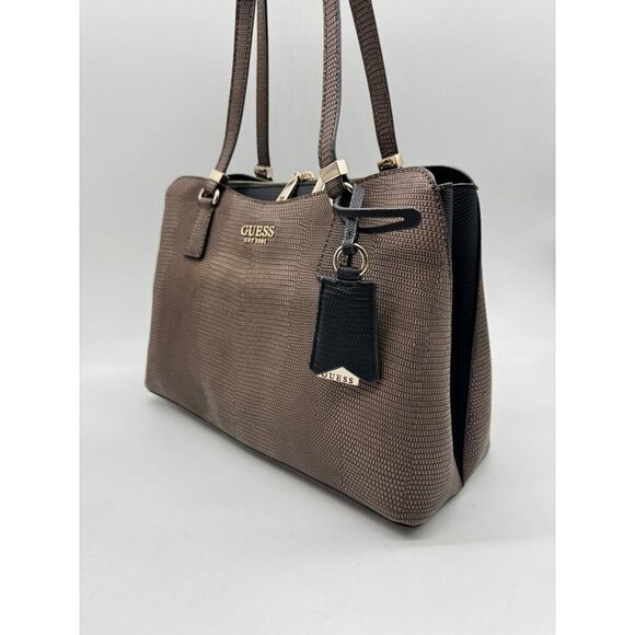 GUESS Lyndi Girlfriend croc embossed large satchel - Brown/Black - Picture 9 of 16